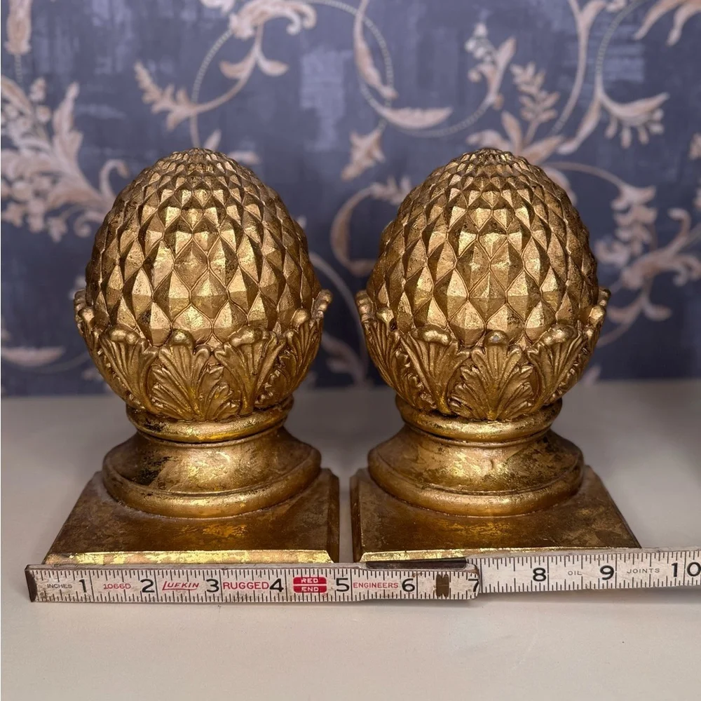 Vintage Estate Wooden Pinecone Bookends Pair | Heavy Solid Wood Gold Finish